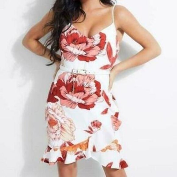 Guess Juleah Mini Dress Size 0 Ruffle Hem Ivory Radiant Poppy NWD B8 - Picture 1 of 6